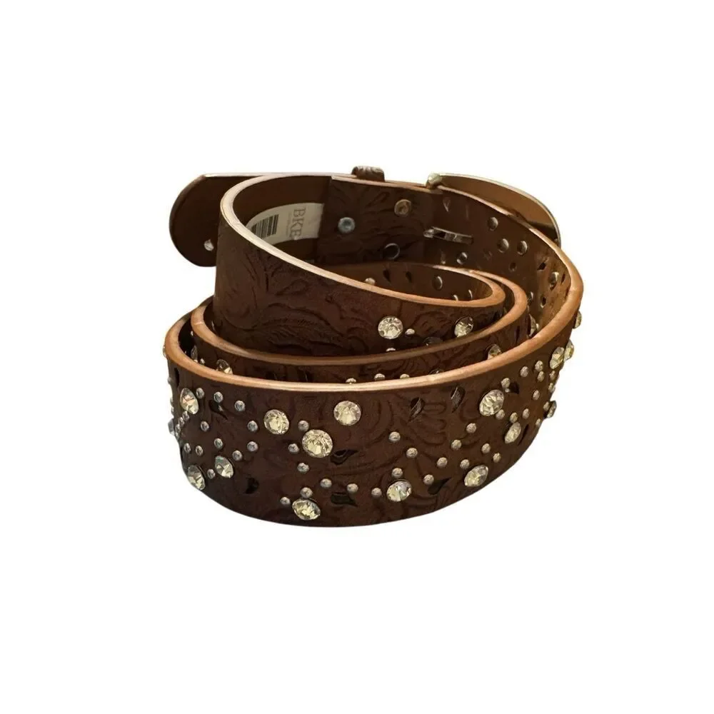 BKE Western Laser Cut Embossed Faux Leather Brown Belt Studded Rhinestones Large